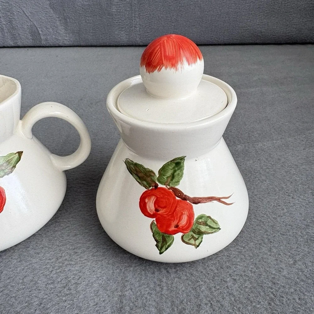 Apple Red Cream And Sugar Set Hand painted‎ Vintage Dinnerware MCM Handmade